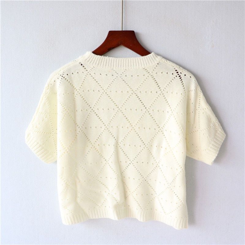 Áo Sweater Dệt Kim Tay Ngắn Cổ Tròn Thiết Kế Lỗ Lưới Thêu Họa Tiết Thời Trang Mùa Hè Mới Cho Nữ