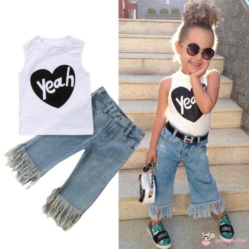 Set Áo Thun 3 Lỗ & Quần Short Denim Cho Bé Gái