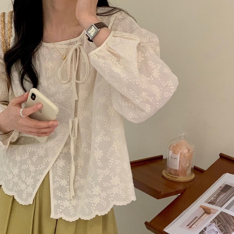 Áo Sơ Mi Đan Móc Mỏng Màu Trơn Thời Trang Xuân Thu Hàn Quốc Mới