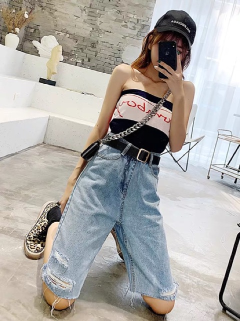 Quần jean ngố / lửng BIG SIZE lưng cao, rách kiểu 3 đường, phom RỘNG đẹp thời trang hot trend dành cho người béo 3249