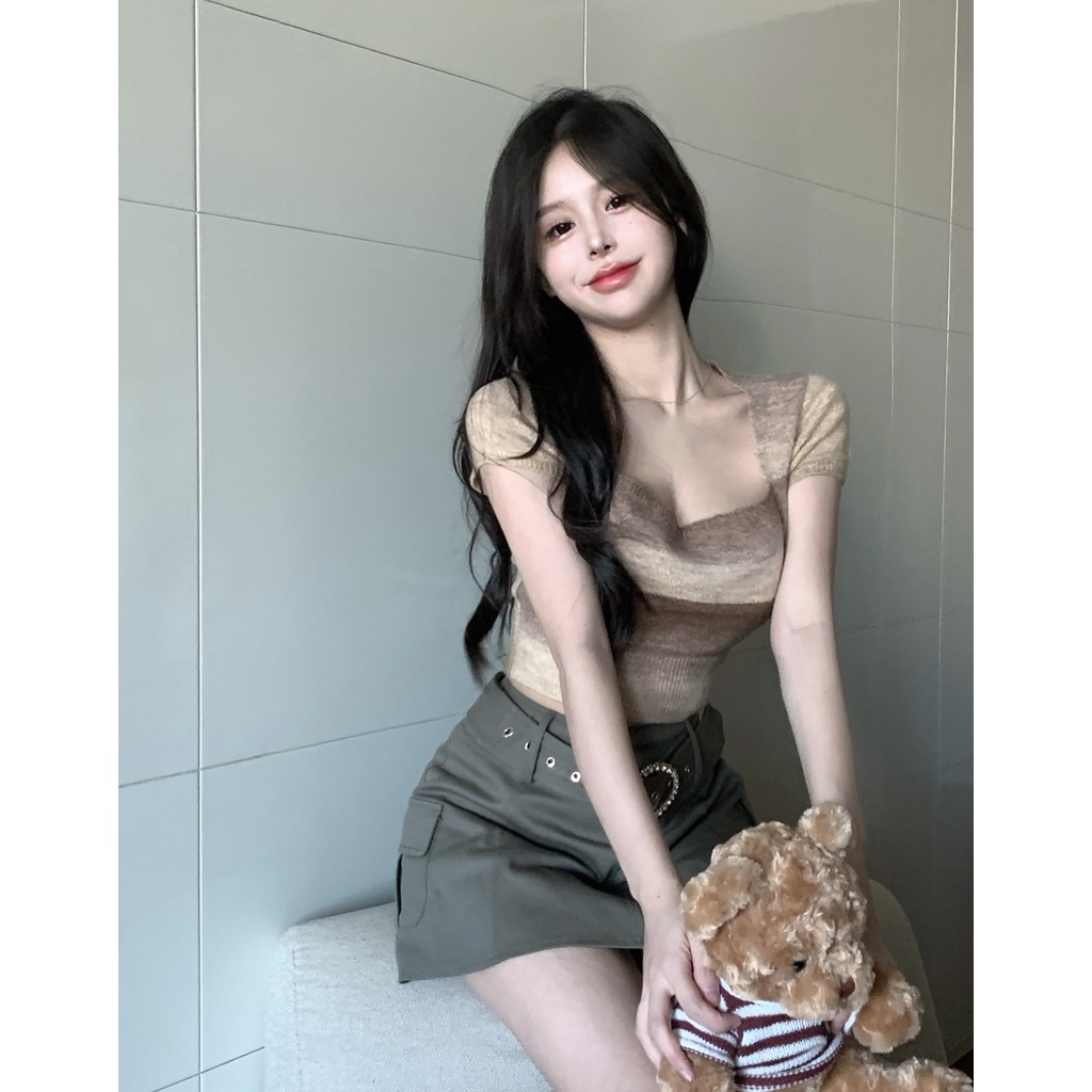 Porozi  Áo thun  ngắn tay cổ vuông họa tiết kẻ sọc thời trang Hàn Quốc cho nữ