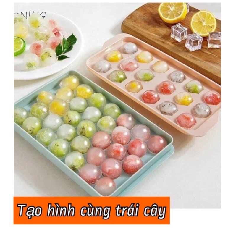 Khay đá bi tròn tủ lạnh 33 viên có nắp, Khuôn làm thạch rau câu hoa quả hình bi tròn tiện lợi- Gia Dụng TC