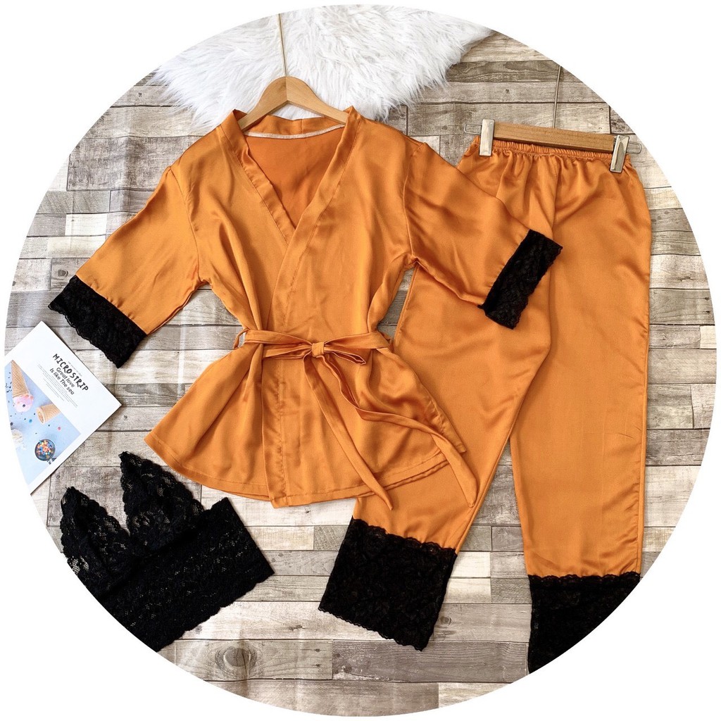 Đồ ngủ kèm áo khoác, áo bra ren trong lụa satin cao cấp | BigBuy360 - bigbuy360.vn