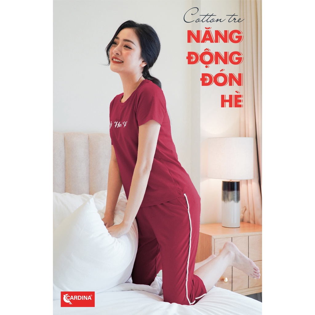Đồ bộ mặc nhà nữ Cardina chất cotton tre cao cấp, áo cộc tay, quần lửng màu sắc trẻ trung in chữ Be Happy