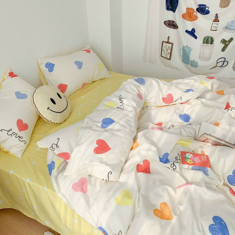 Bộ chăn ga gối Cotton Poly Tim Vàng. Chăn ga phong cách Hàn quốc