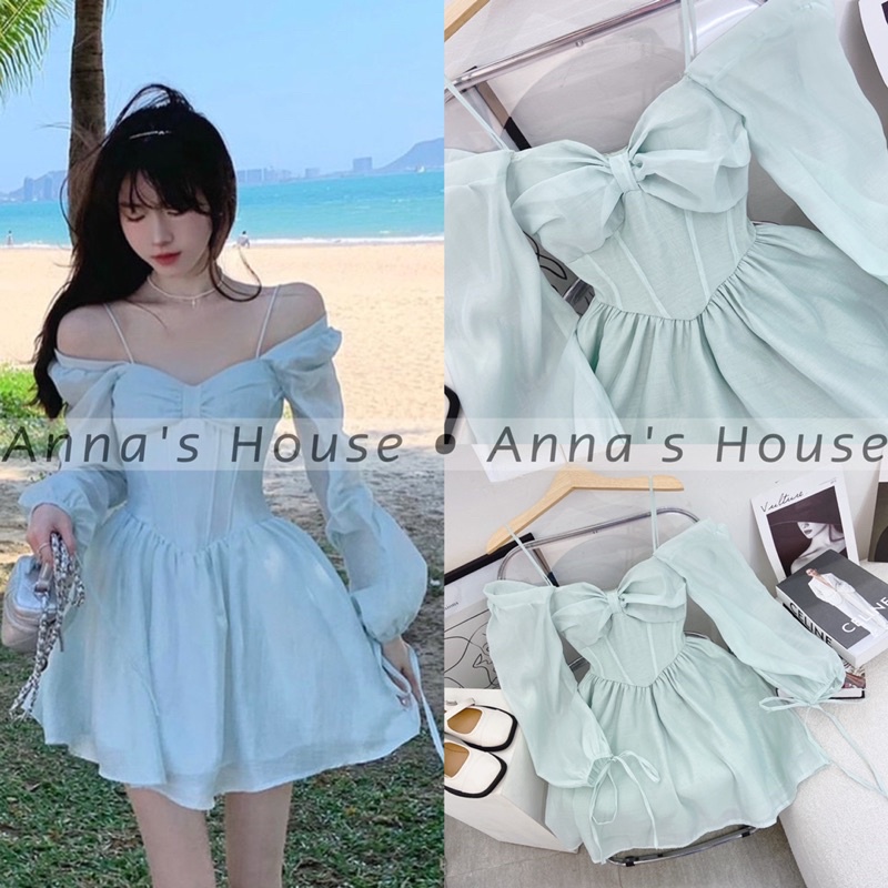 HÌNH THẬT - Đầm voan 2 dây rớt vai nơ ngực tay dài