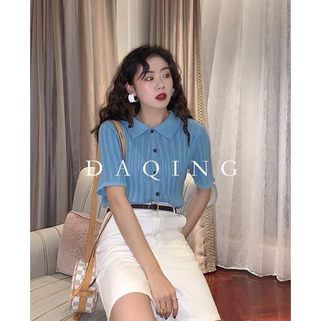 Áo len nữ dệt kim ngắn tay cổ polo cổ điển Doris phong cách Hàn Quốc màu vàng, xanh dương | BigBuy360 - bigbuy360.vn