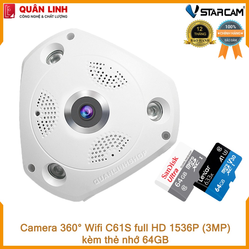 Camera Wifi IP Vstarcam C61s Full HD 1536P ốp trần, góc rộng 180 độ kèm thẻ 64GB