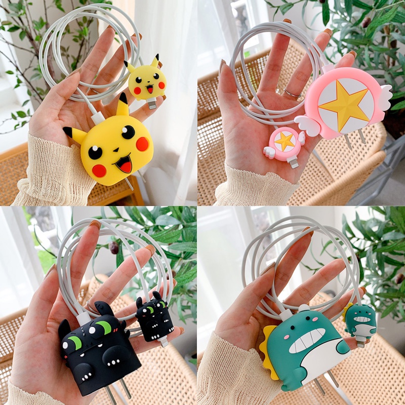 2 cái / bộ Bộ bảo vệ bộ sạc hoạt hình Phim hoạt hình dễ thương Bộ bảo vệ dây silicon mềm Bộ bảo vệ cáp sạc cho iphone 12 pro max / iphone 12 pro / Bộ bảo vệ bộ sạc Iphone 12