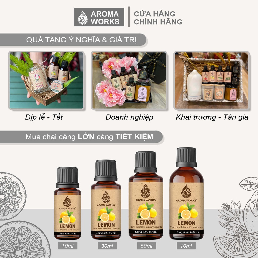 Tinh Dầu Chanh Thiên Nhiên Thơm Phòng, Khử Mùi, Đuổi Muỗi, Giải Cảm Aroma Works Essential Oils Lemon