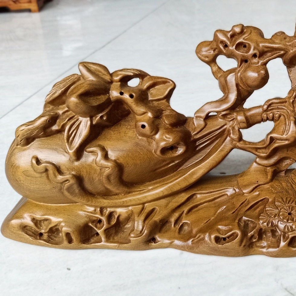 [GIA RE] Tượng Phật Di Lặc Kéo Bao Tiền Gỗ Thơm lớn 40cm thu hút tài lộc