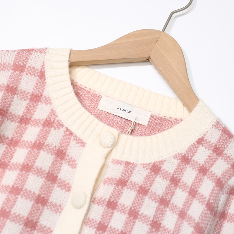 NUZIRO  Áo cardigan dáng ngắn tay dài cổ tròn họa tiết kẻ sọc caro phong cách Hàn Quốc