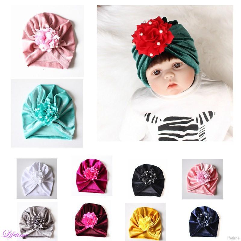 Mũ Turban Đính Hoa Và Ngọc Trai Mềm Mại Cho Bé Gái