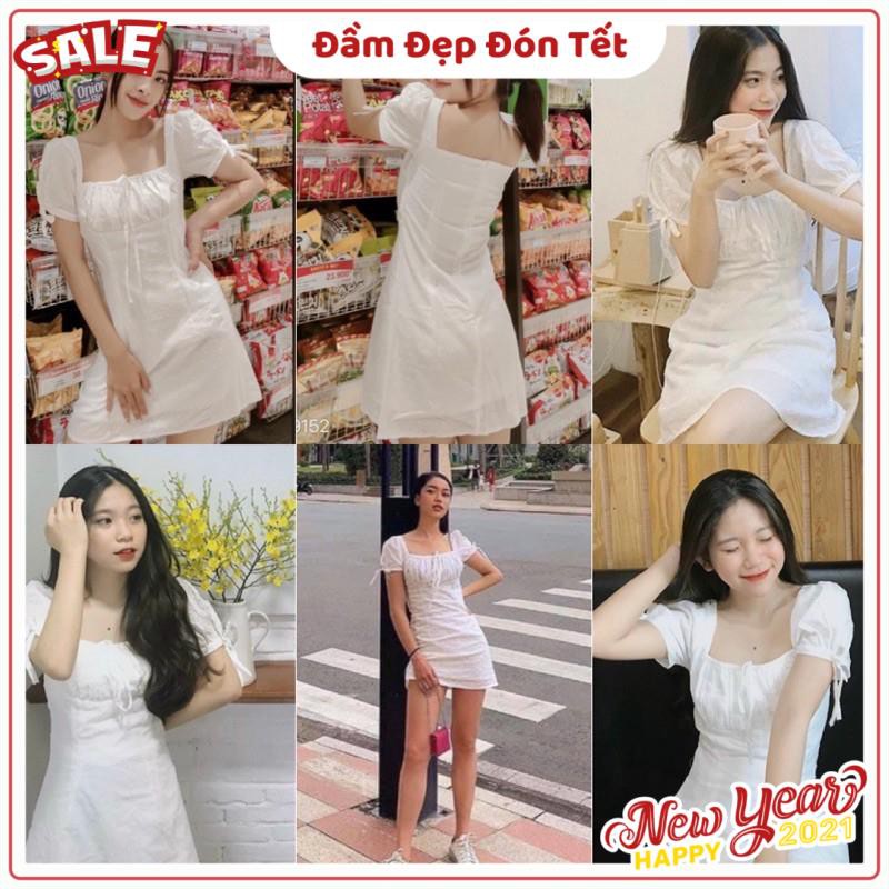 Đầm Trắng Owen Dress váy xinh chất vải kate kèm lớp lót dày dặn tay bèo có dây thắt cột nơ kèm ảnh trải sàn