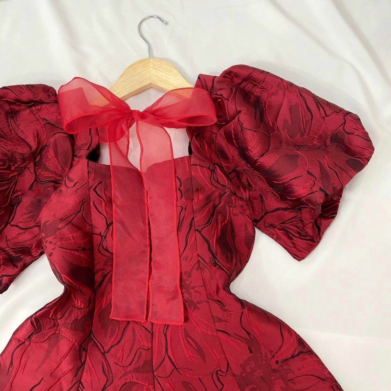 Đầm tay bồng gấm nơ lưng 2 màu | BigBuy360 - bigbuy360.vn