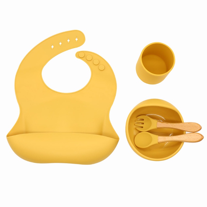 Bộ 5 Dụng Cụ Tập Ăn Gồm Bát / Muỗng / Nĩa Bằng Silicone Có Giác Hút Dành Cho Bé