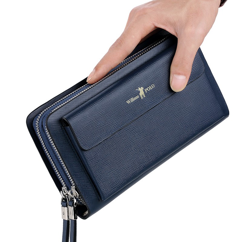 Ví nam cầm tay cao cấp William Polo 312 Clutch 2 khoá da bò vân safiano-Bảo hành 12 tháng