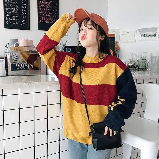 Hàng Sẵn_ Áo len dài tay sọc màu ulzzang