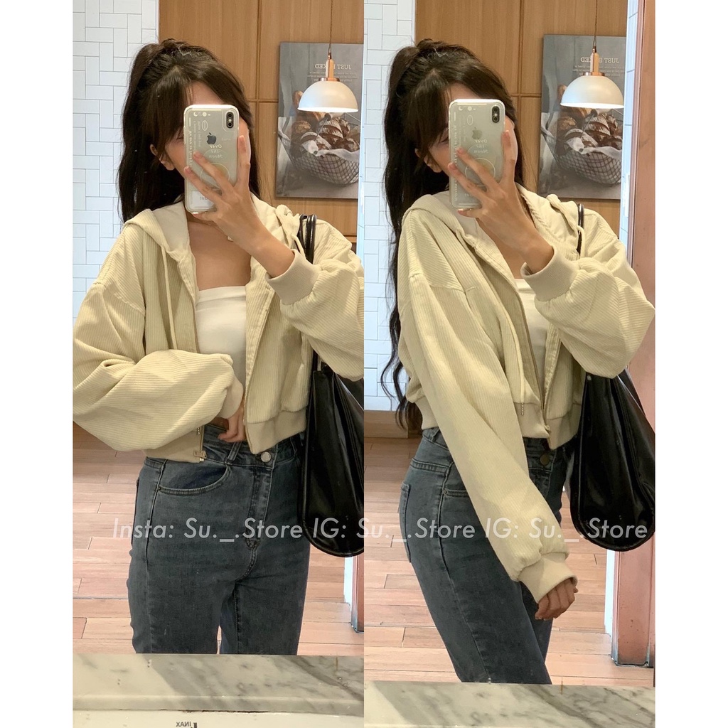 Áo khoác croptop nhung tăm liền mũ A2411 SUSTORE