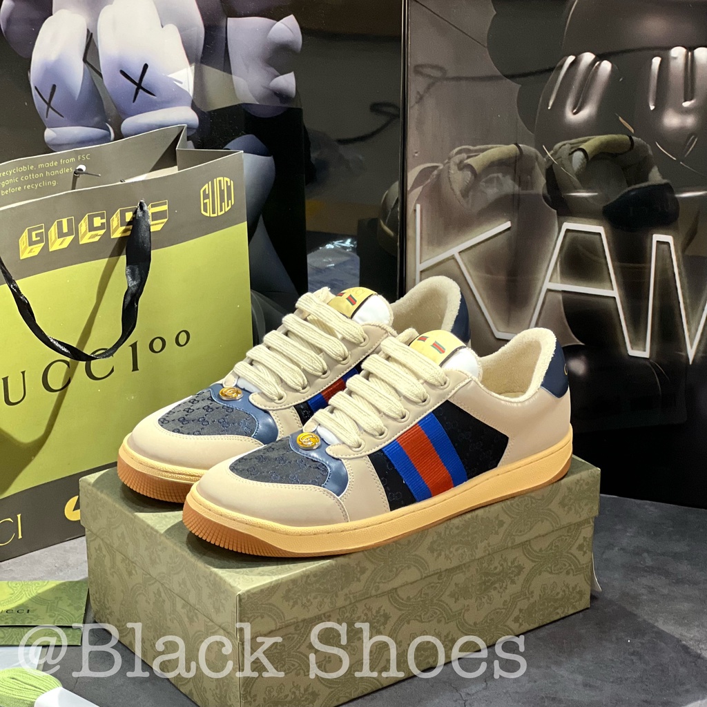 Giày Thể Thao Sơn Tùng Tím Xanh Screener Webbing-Trimmed Distressed Leather And Canvas Navy Sneakers Cao Cấp