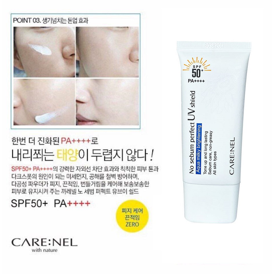 Kem Chống Nắng Vật Lý Nâng Tone Da Care:nel No Sebum Perfect UV Shield SPF50+ PA++++ 50ml