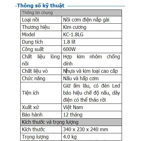 NỒI CƠM ĐIỆN KIM CƯƠNG CÓ NẮP GÀI DUNG TÍCH 1,8L