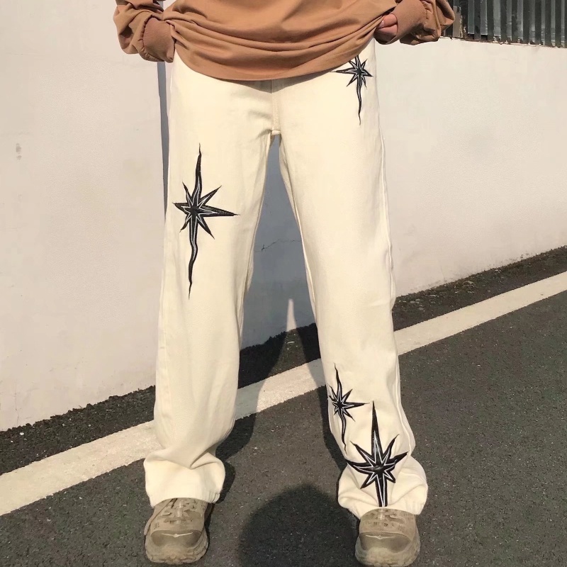 Quần Ống Đứng Thêu Hình Ngôi Sao Phong Cách Hip Hop Mỹ Size M-2XL Cho Nam