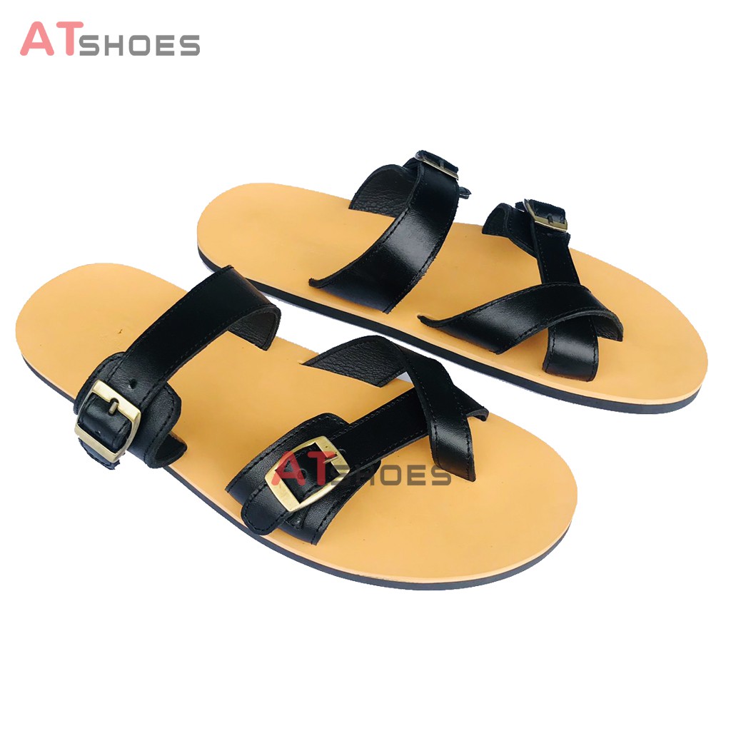 Dép da nam cao cấp Dép sandal nam quai ngang Trẻ Trung Atshoes QN3M (Đen - Nâu)