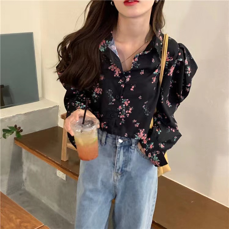 Áo kiểu tay dài cổ bẻ hoạ tiết hoa thiết kế dáng rộng hợp thời trang