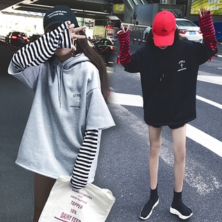 Áo Hoodie Nữ Tay Dài Dáng Rộng Giả Hai Lớp Thời Trang