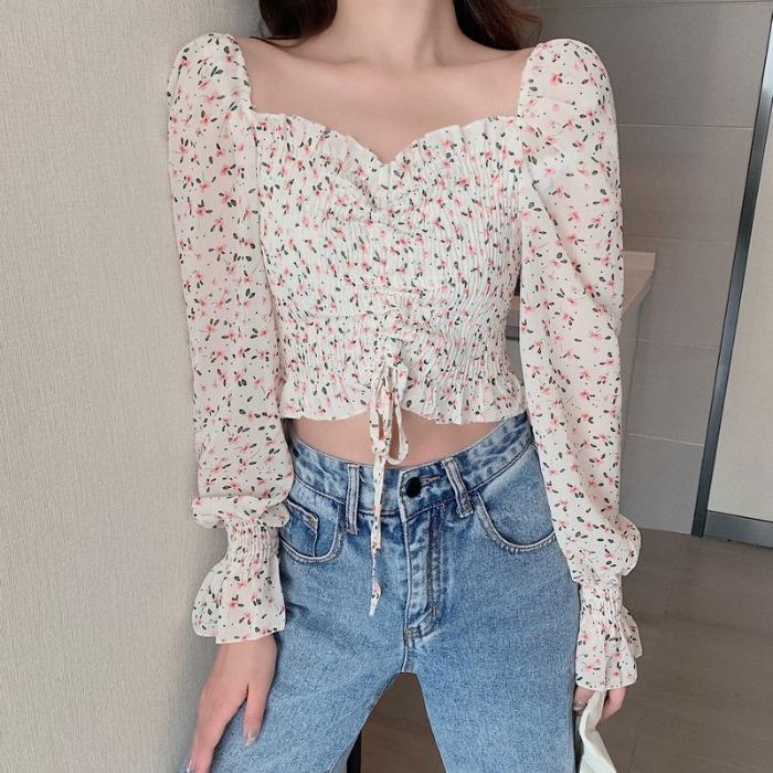 Áo Croptop Cột Dây Họa Tiết Hoa Tím Phong Cách Phương Tây Thời Trang Mùa Thu 2020 Cho Nữ