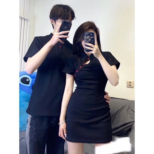 Bộ đồ đôi nam và nữ phong cách sườn xám áo nam cổ tàu đơn giản lịch sự