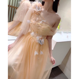 Đầm xoè dự tiệc sang trọng lệch 1 vai tay loa lưới nhũ kết hoa nổi TRIPBLE T DRESS -size M/L  - MS218V