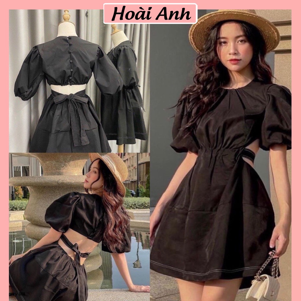 Váy Đầm Nữ Thắt Nơ Lưng Chỉ Nổi Thiết Kế Cutout Hở Lưng Dáng Xòe Freesize Chất Vải Thô Mát