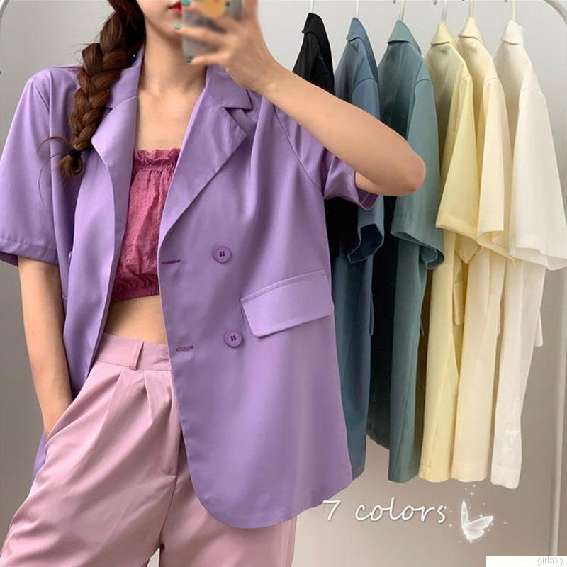 Áo khoác blazer tay ngắn dáng rộng màu sắc đơn giản thời trang công sở cho nữ