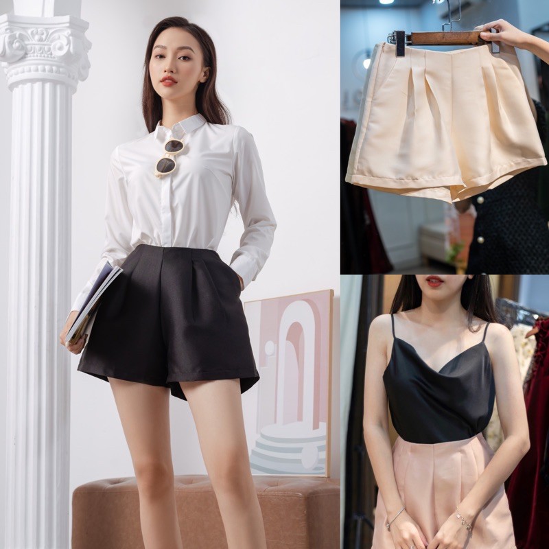 Quần short kiểu chất tafta thời trang 3 màu đen hồng be cạp cao mặc đi tiệc đi chơi Aholic