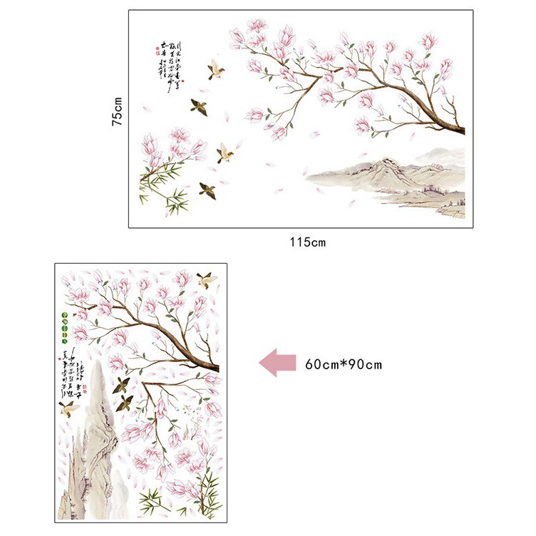 Decal dán tường trang trí phòng ngủ phong cách cổ điển Tranh thủy mặc 3 - decal cành đào amyshop