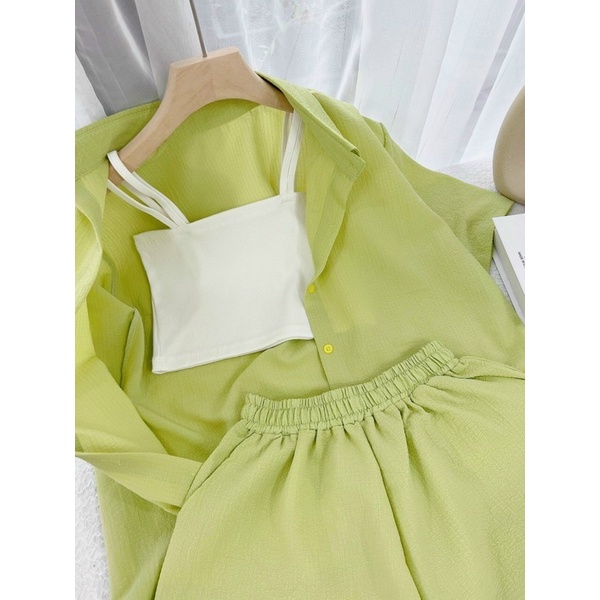 SET 3 MÓN XANH LÁ : KHOÁC SƠ MI TAY NGẮN + ÁO 2S  TRẮNG + SHORT ✨✨