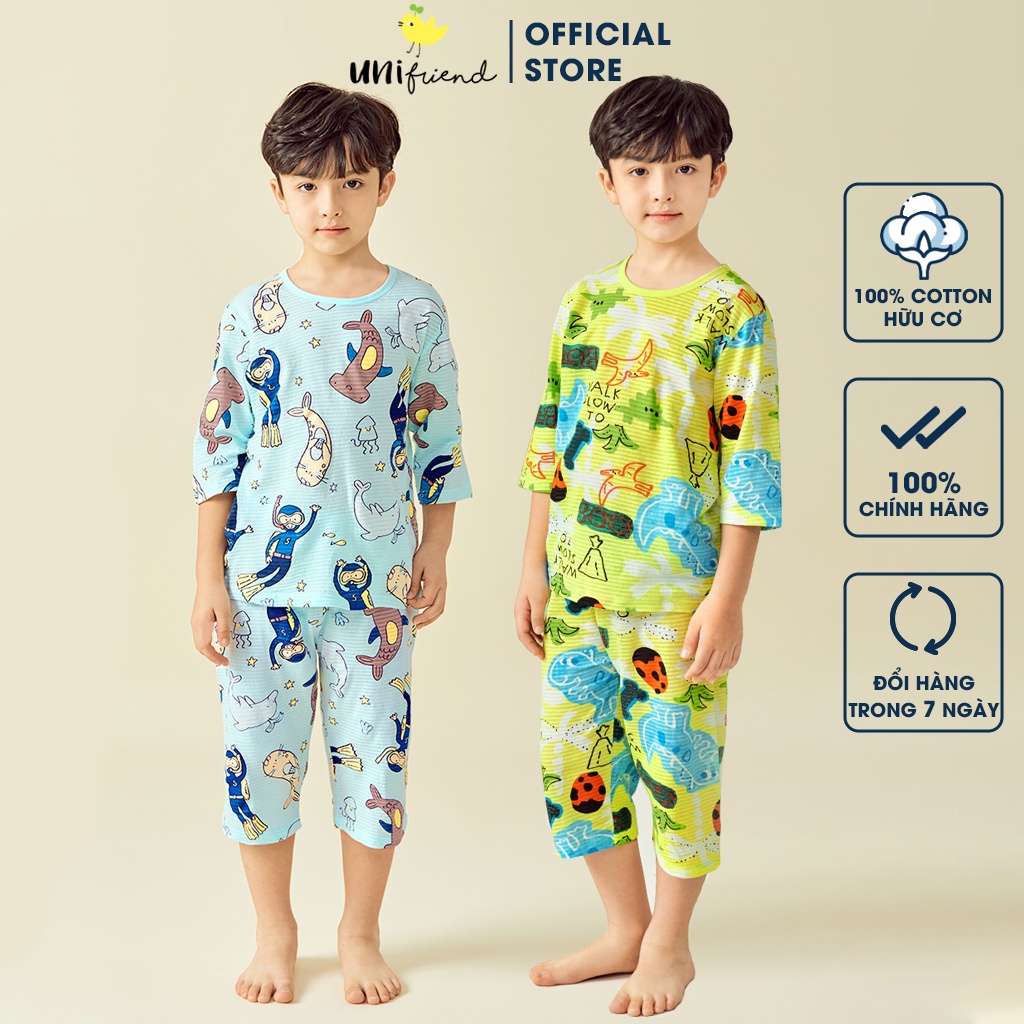 Đồ bộ lửng quần áo thun cotton mặc nhà mùa hè cho bé trai và bé gái Unifriend Hàn