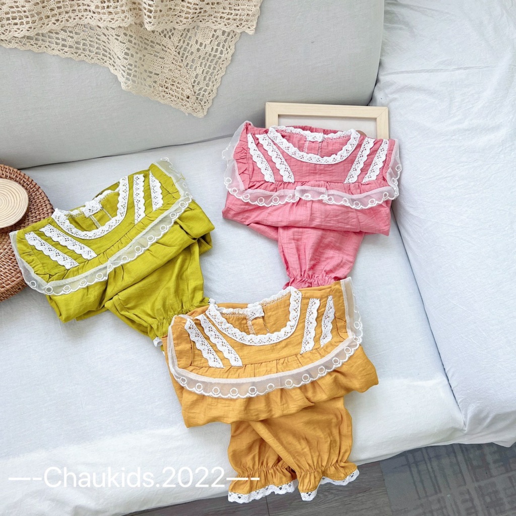 Bộ đồ đũi bé gái phối ren cho bé 8-20kg