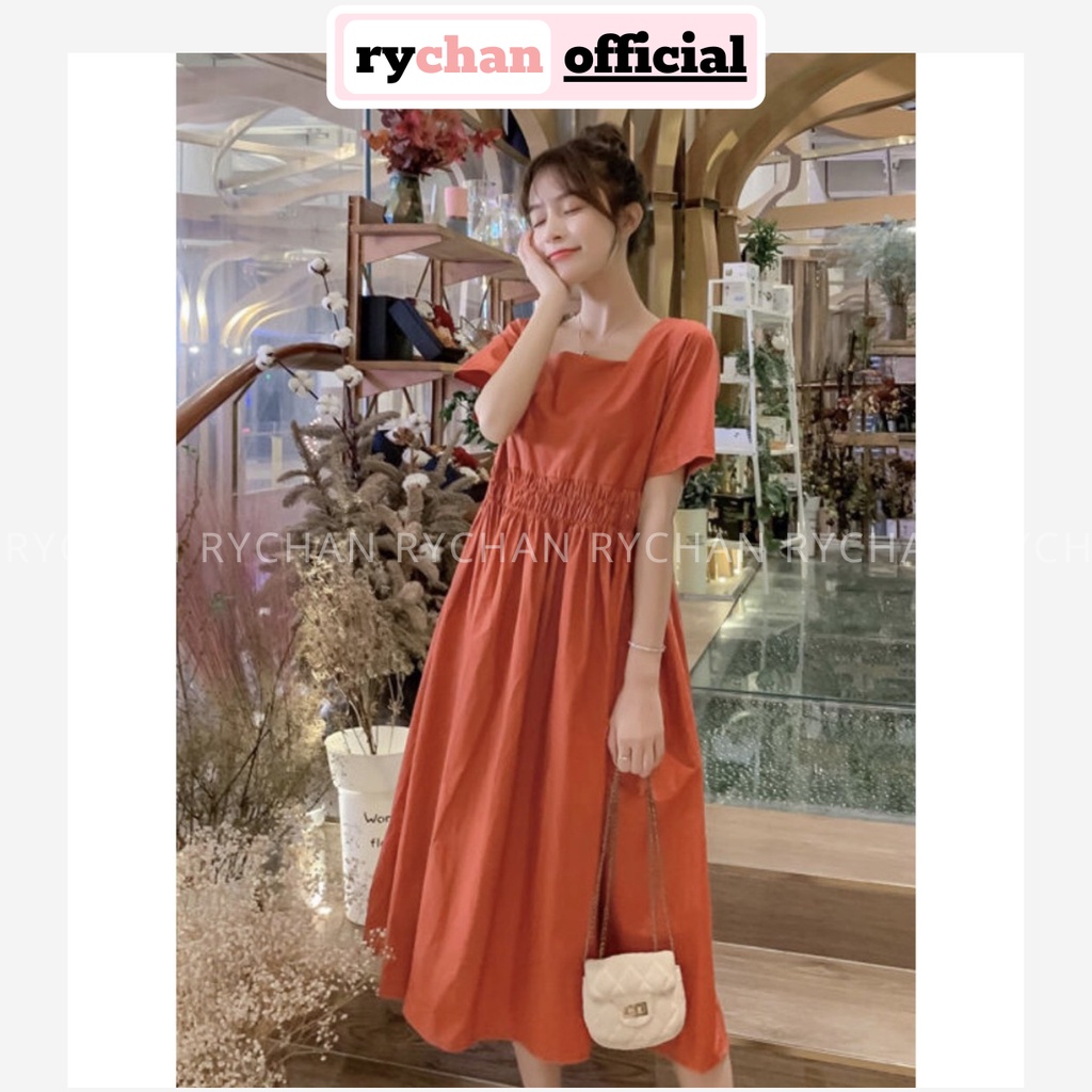 Đầm Xòe Cam Cổ Vuông Nhún Eo Nơ Sau - DX864