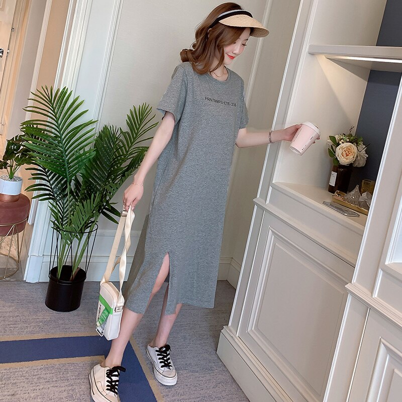 6630# Đầm thun Cotton xẻ tà bên hông thời trang mùa hè cho phụ nữ mang thai