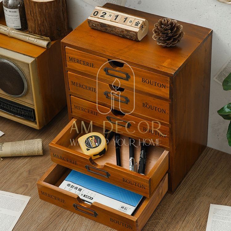 Tủ gỗ thông để bàn 3 hoặc 5 ngăn kéo decor trang trí bàn học làm việc sang trọng - AM Decor