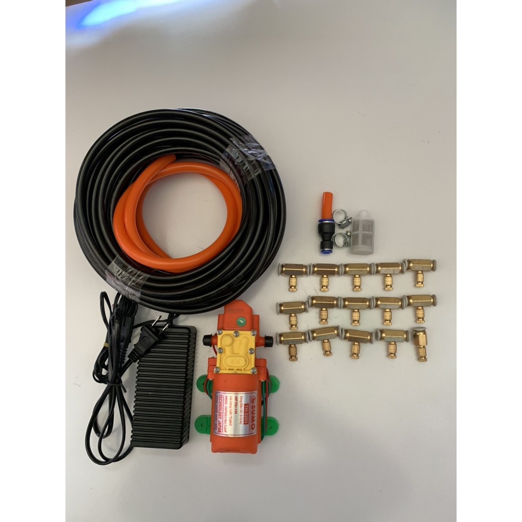 Bộ phun sương. bộ phun sương, tới lan. Bơm Sumo cam kèm ng,uồn 12v_5a. 50m dây phun. 25 béc đồng.