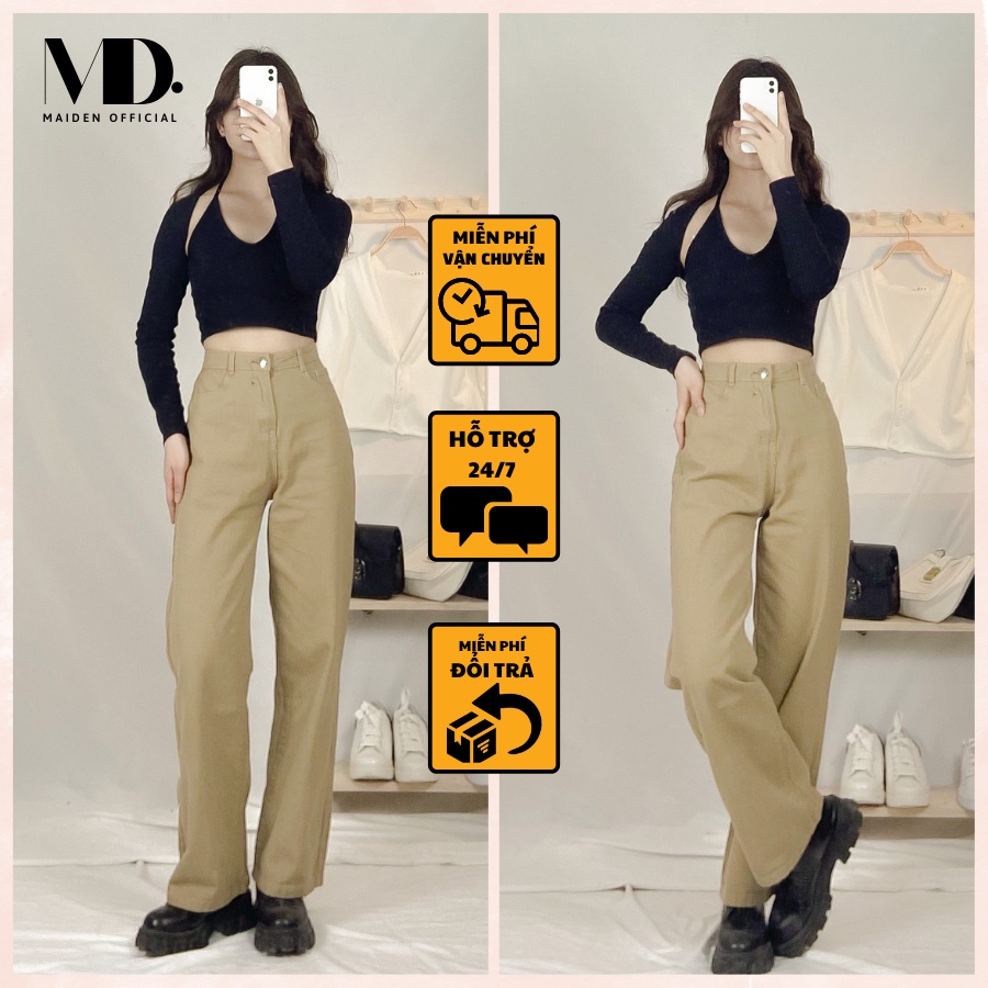 Quần jean nữ ống rộng dáng suông nữ cạp cao, quần kaki nữ ống đứng trơn màu nâu tây | BigBuy360 - bigbuy360.vn
