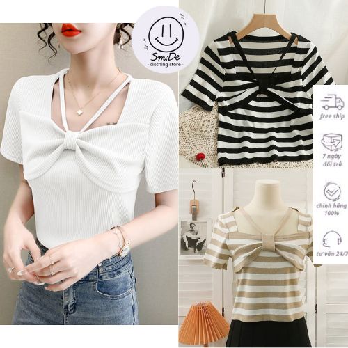 Áo Len Kiểu Ôm Body Tay Ngắn Có Dây Nơ Ngực Sọc Và Trơn Nữ Tính | Smide Clothing