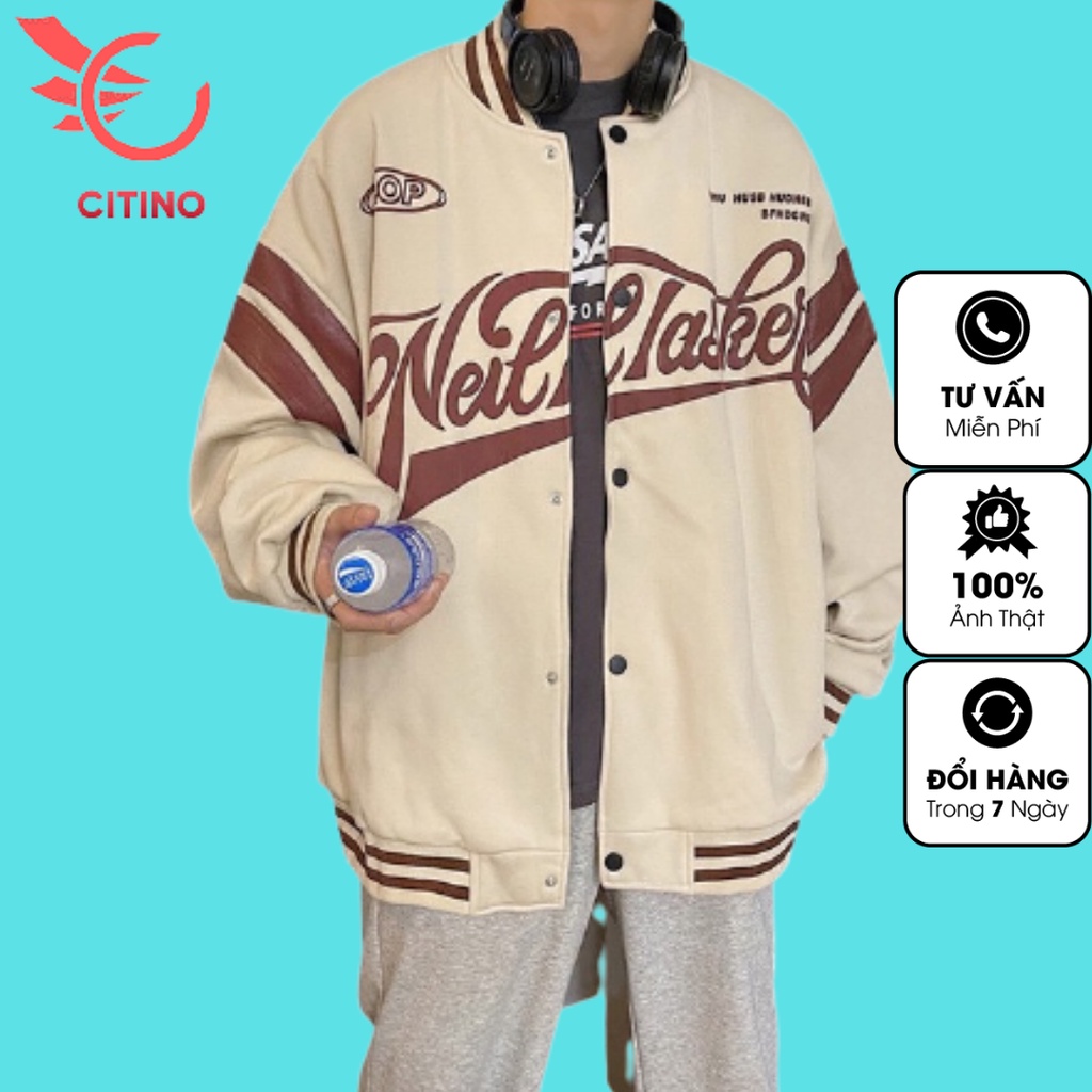 Áo Bomber unisex TINOWEAR, áo khoác nỉ bóng chày form rộng dáng dài thể thao 3 sọc, phong cách trẻ trung năng động