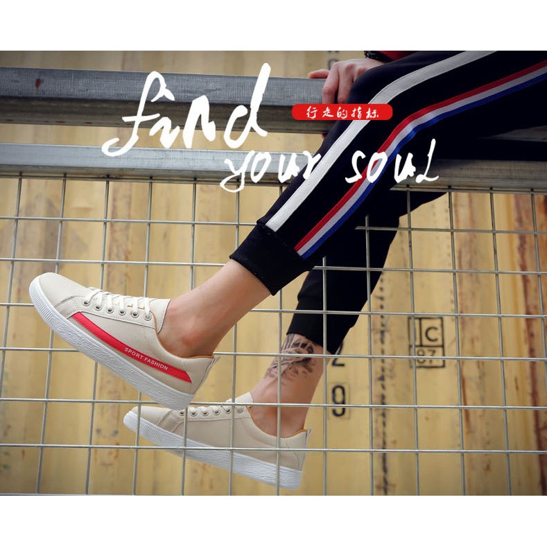 GIẦY SNEAKER DA Kẻ SPORT FASHION ( KEM - ĐỎ ) Thể Thao Nam phong cách Korea 2018