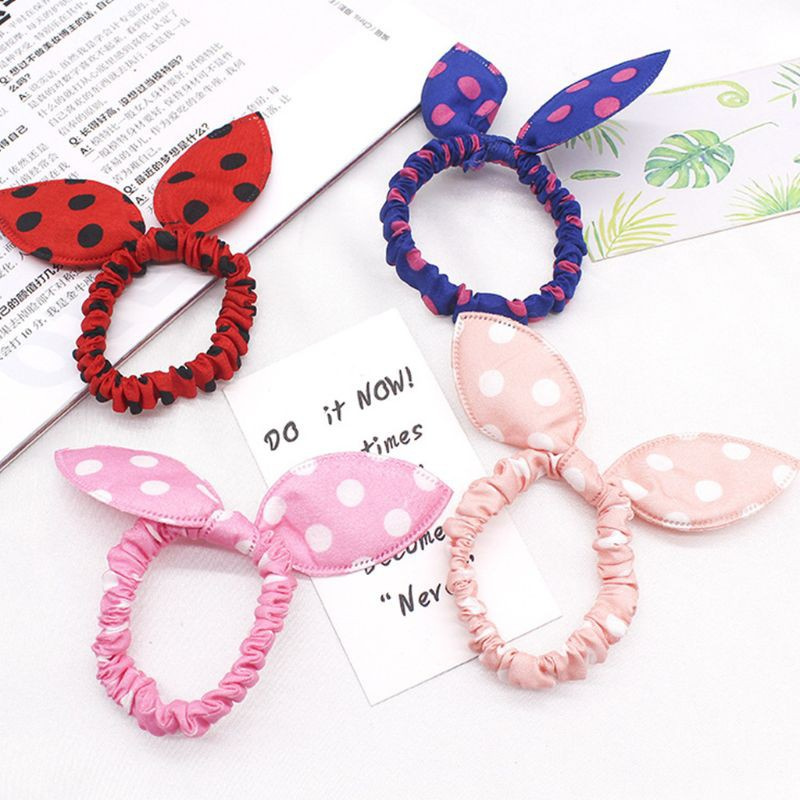 Dây Cột Tóc Vải Co Giãn Thắt Nơ Tai Thỏ In Họa Tiết Chấm Bi Dễ Thương Cho Nữ