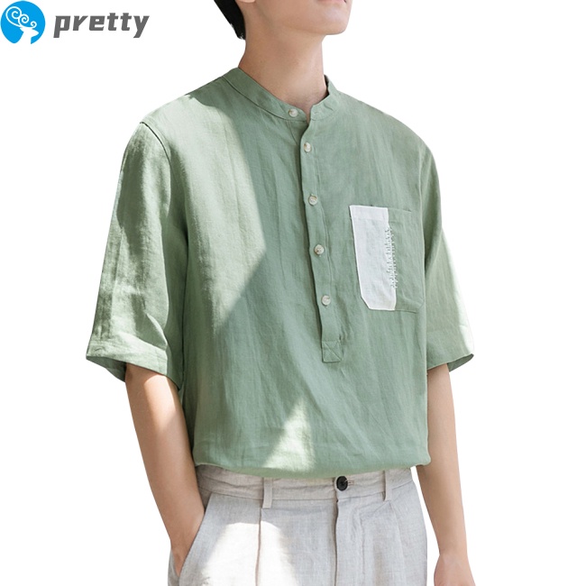 Jazeel Men  T-shirt Summer Cotton Linen Stand-up Collar Short-sleeved Casual Shirt